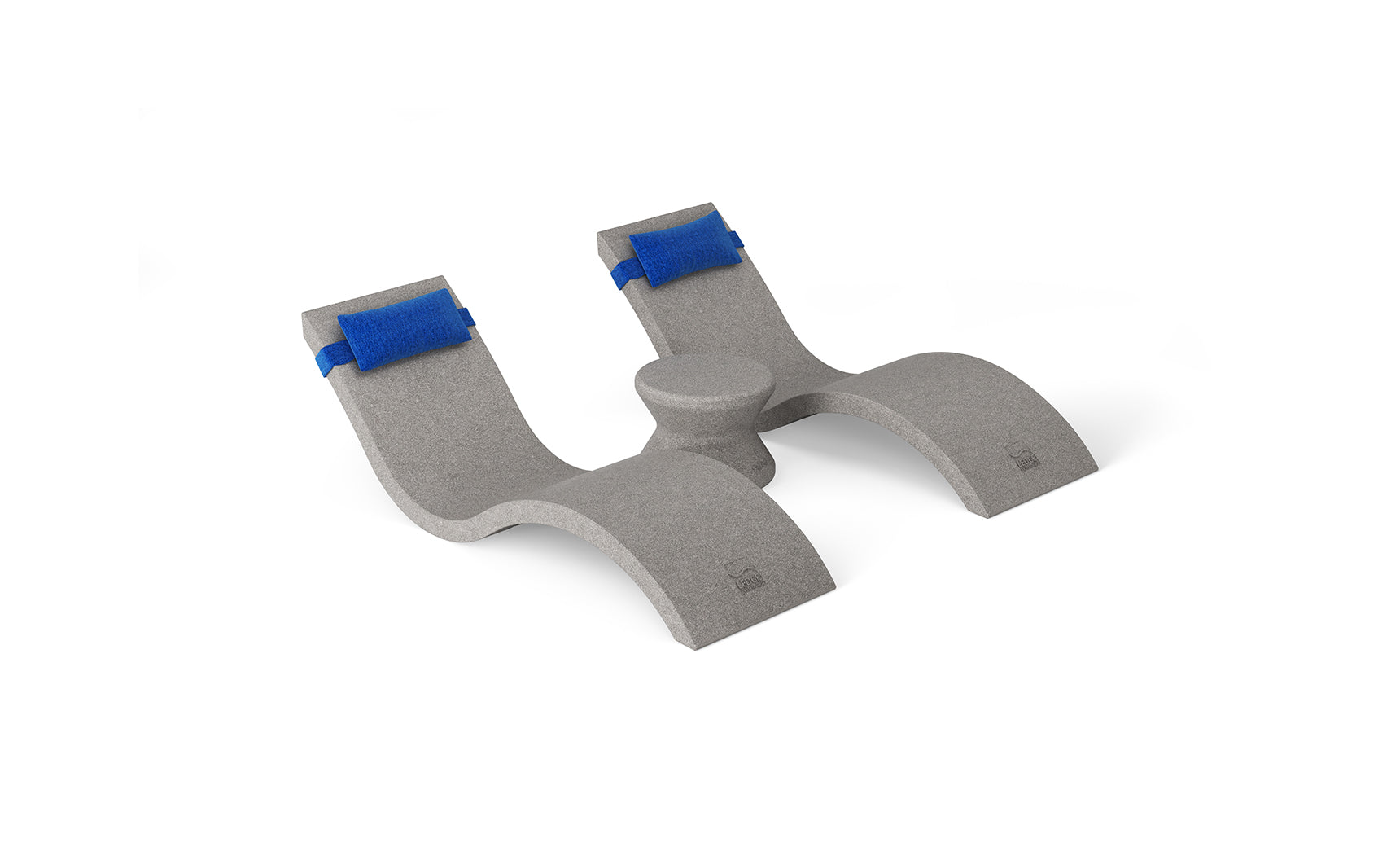 The Ledge Lounger Outdoor Paradise In-Pool Furniture Bundle includes a gray curved dual-leg elevated footrest with central support. It features blue adjustable straps on each leg for secure positioning, making it perfect for ergonomic foot placement and enhanced comfort while sitting.