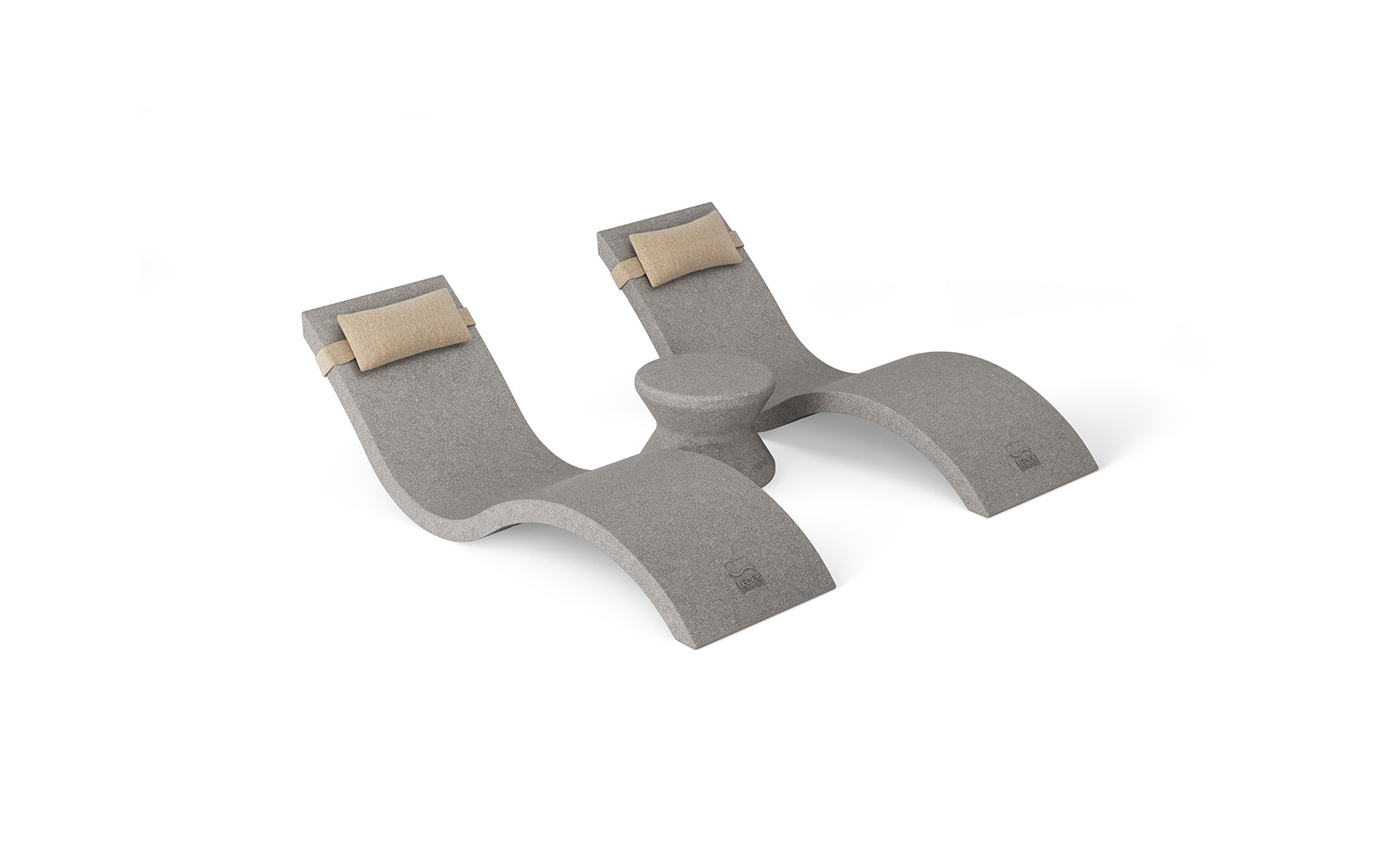 The Outdoor Paradise In-Pool Furniture Bundle by Ledge Lounger features gray, ergonomically designed props with two curved platforms and a central support. Each platform has a small beige cushion on top, resembling in-pool chaise loungers against a pristine white background.