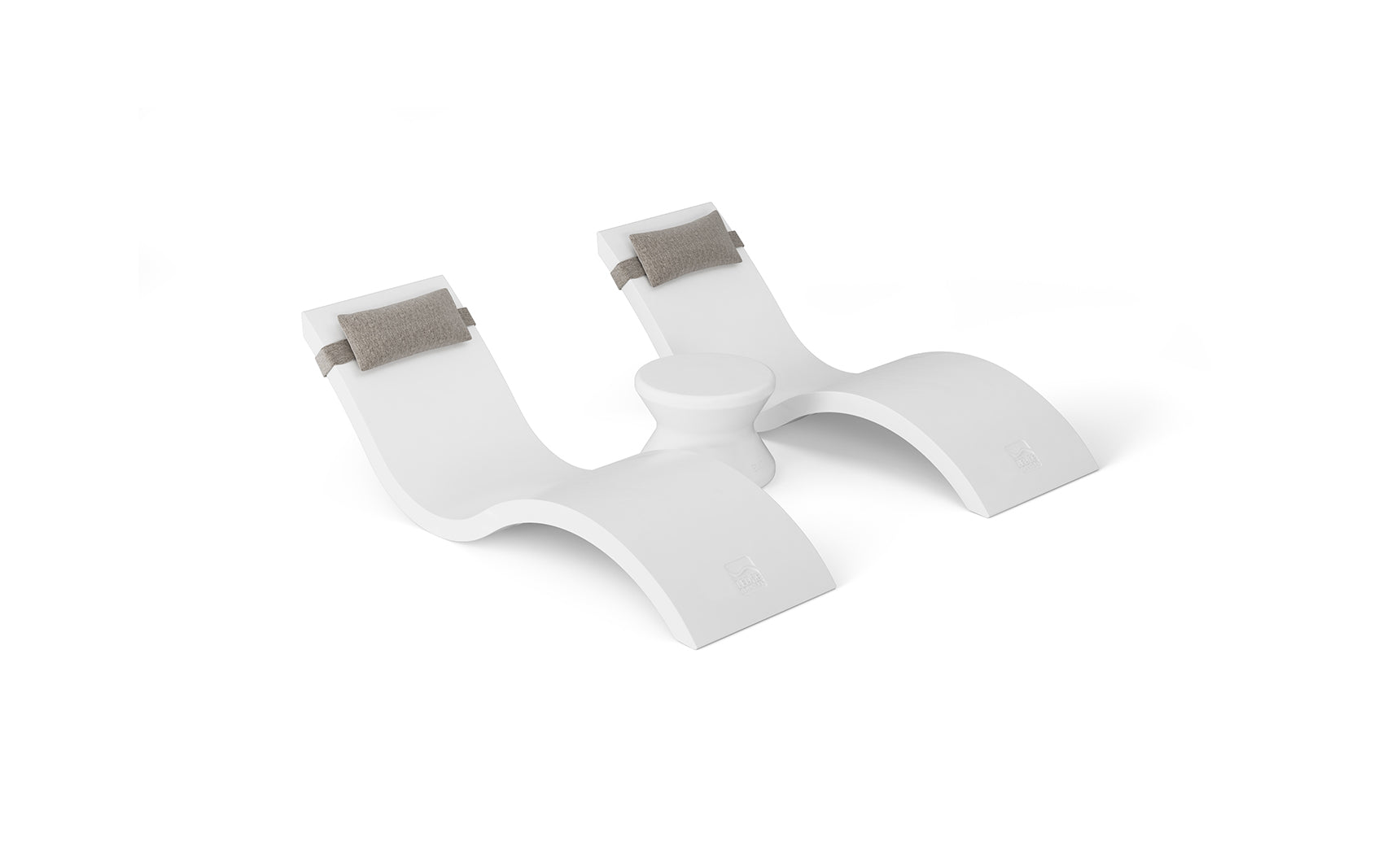 Transform your pool area into an outdoor paradise with the Outdoor Paradise In-Pool Furniture Bundle from Ledge Lounger. Featuring Signature Chaise Loungers with a minimalist white design and attached gray cushions, they offer contemporary style and comfort against a crisp white background.