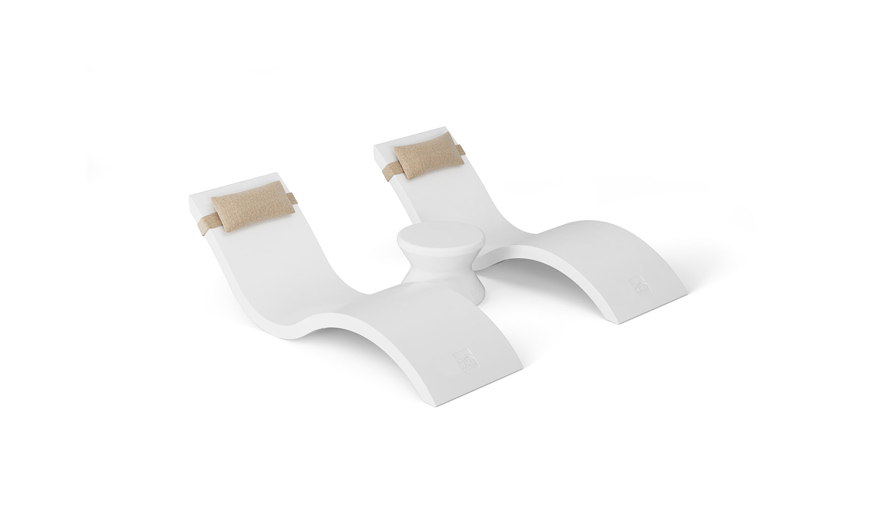 The Outdoor Paradise In-Pool Furniture Bundle by Ledge Lounger includes two sleek, white chaise loungers with tan head cushions and a small central table, all featuring a modern curved design.
