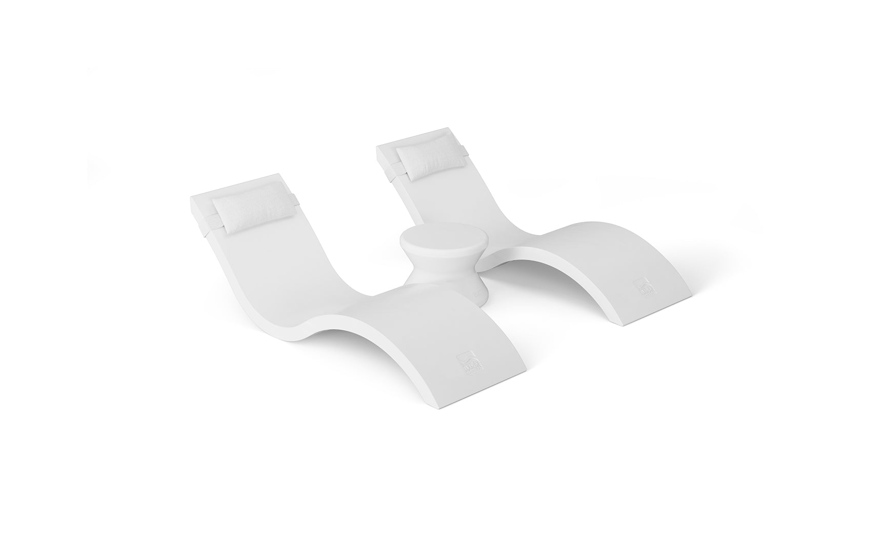 The Outdoor Paradise In-Pool Furniture Bundle by Ledge Lounger features two modern white chaise loungers with headrests side by side, separated by a small table. With smooth, curved lines on a solid white background, its the perfect pool ledge furniture setup.
