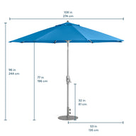 The 9 Octagon Signature 360° Tilt Umbrella by Ledge Lounger is a luxury outdoor accessory crafted from premium materials with a rich blue canopy, measuring 108 inches in diameter and standing 96 inches tall. It features a sturdy pole height of 77 inches and has a convenient crank handle at 32 inches.