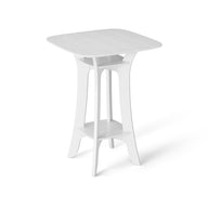 The Haven Hightop Table by Ledge Lounger features a minimalist design with a square white top and open central shelf, supported by four sleek, angled legs. Part of the patio collection, it complements any setting with its durable modern aesthetic against a plain white background.