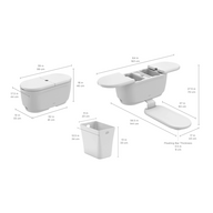 The PartyPad Swim-Up Bar by Ledge Lounger features diagrams of a sleek design and components like a lid, base, and separate waste holder. Perfect for poolside sipping, it measures 19x22.3x31 inches; the waste bin is 16.2x8x11 inches.