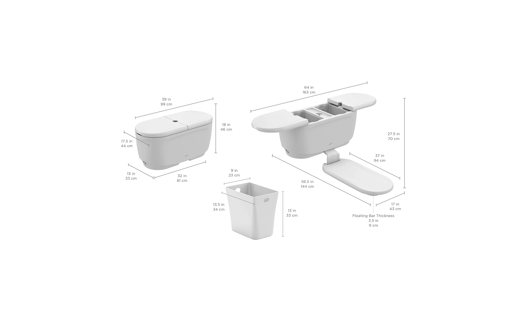 The PartyPad Swim-Up Bar by Ledge Lounger features diagrams of a sleek design and components like a lid, base, and separate waste holder. Perfect for poolside sipping, it measures 19x22.3x31 inches; the waste bin is 16.2x8x11 inches.