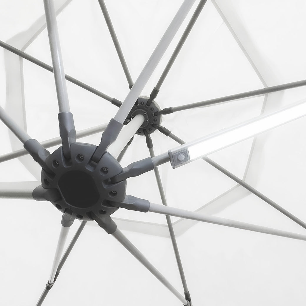 Close-up of the underside of a white umbrella with metal spokes radiating from a central hub. A Ledge Lounger Umbrella Light is attached to one spoke, creating a soft glow against the matching fabric background, ideal for an inviting patio setting.