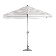 Elevate your space with the Ledge Lounger 8.5' Square Signature 360° Tilt Umbrella—featuring light gray and white stripes, a central metal pole, and a round base. Perfect for adding resort-style elegance to patios or outdoor settings.