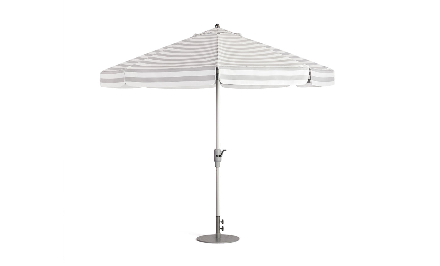 Elevate your space with the Ledge Lounger 8.5' Square Signature 360° Tilt Umbrella—featuring light gray and white stripes, a central metal pole, and a round base. Perfect for adding resort-style elegance to patios or outdoor settings.