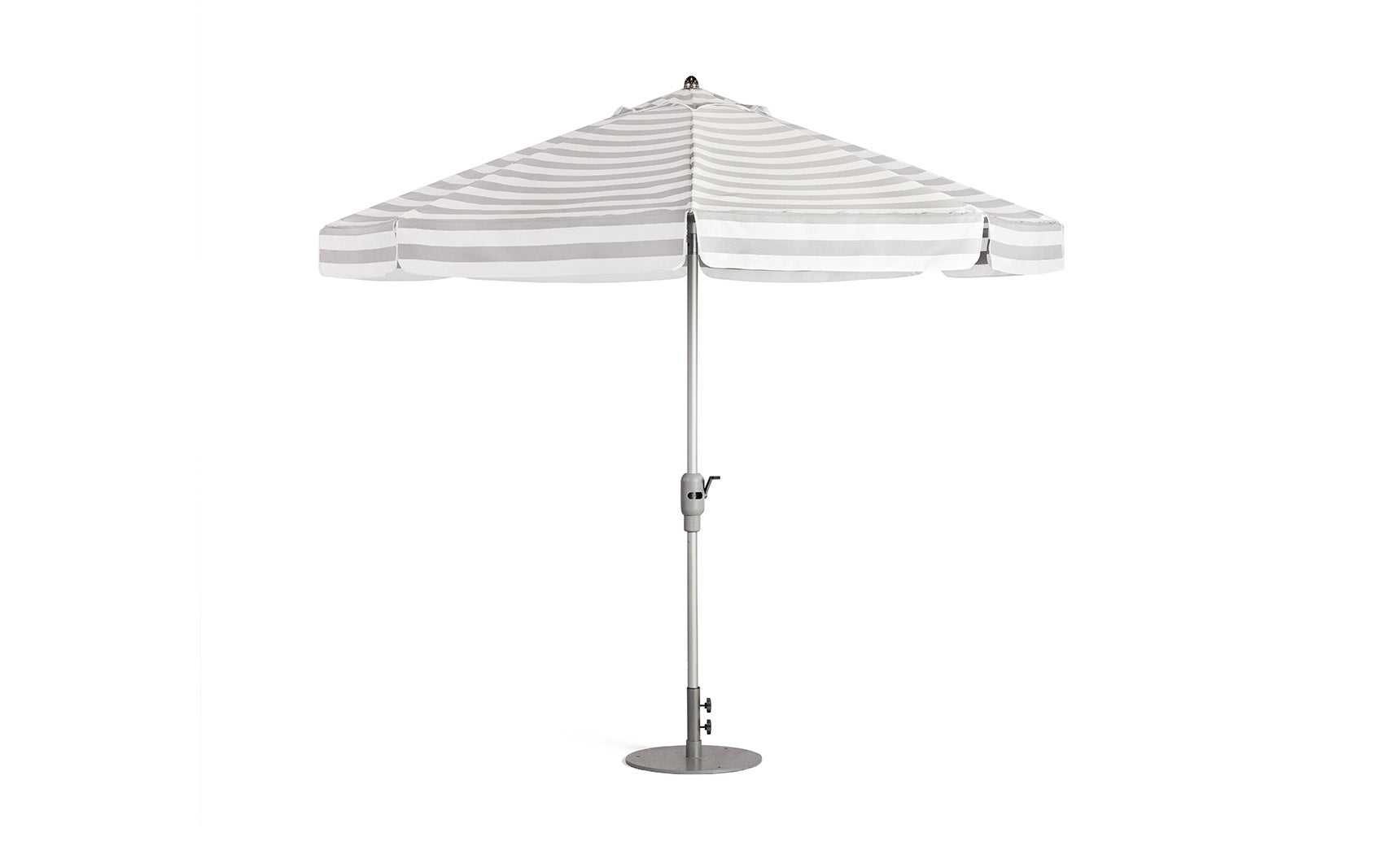 Elevate your space with the Ledge Lounger 8.5' Square Signature 360° Tilt Umbrella—featuring light gray and white stripes, a central metal pole, and a round base. Perfect for adding resort-style elegance to patios or outdoor settings.