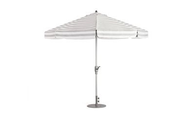 Elevate your space with the Ledge Lounger 8.5' Square Signature 360° Tilt Umbrella—featuring light gray and white stripes, a central metal pole, and a round base. Perfect for adding resort-style elegance to patios or outdoor settings.