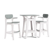 The Haven Hightop With Armchairs Set by Ledge Lounger features a modern white bar table with a round top and two stylish high armchairs with light gray cushions, highlighted by elegant architectural lines and sleek curved legs.