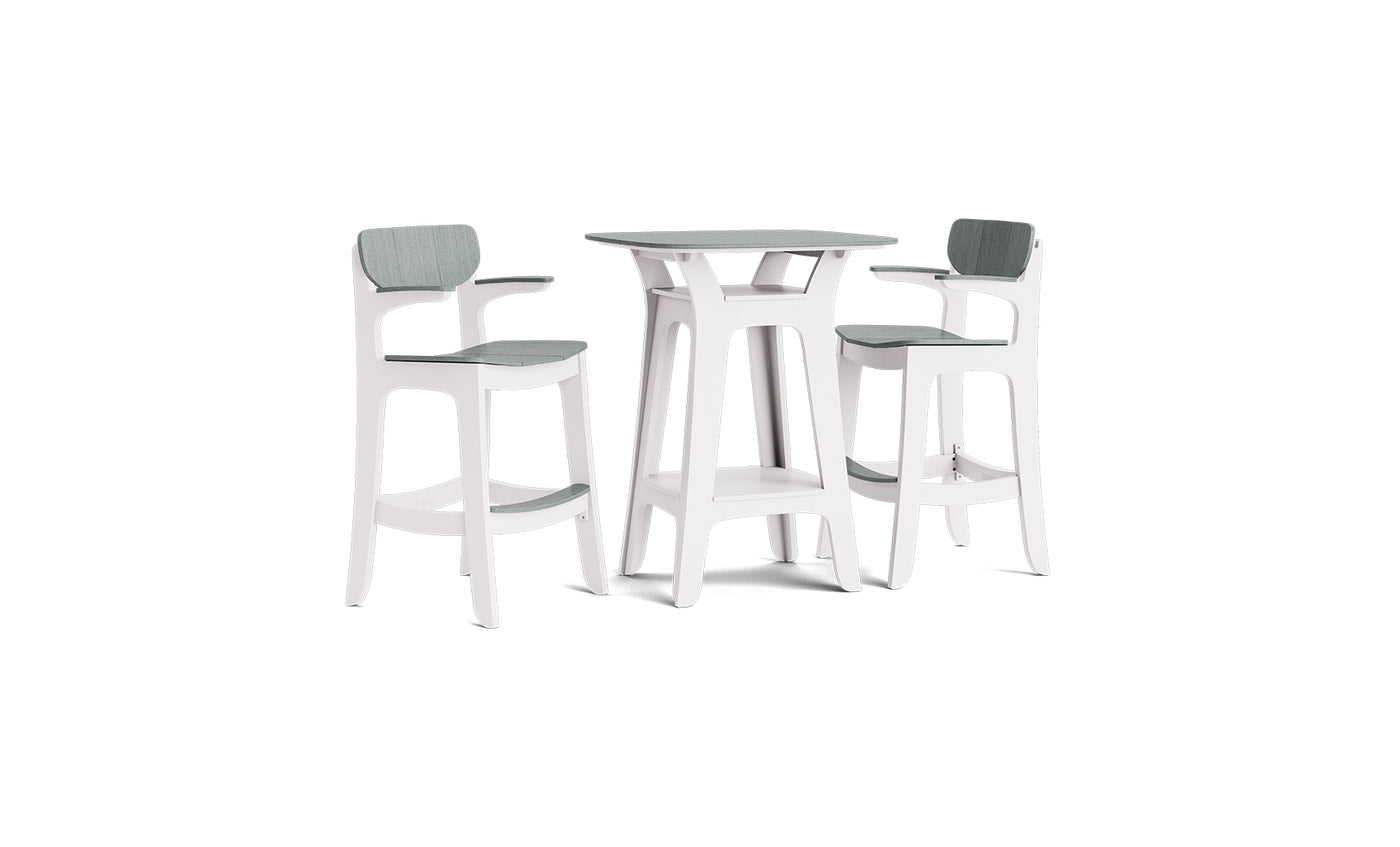 The Haven Hightop With Armchairs Set by Ledge Lounger features a modern white bar table with a round top and two stylish high armchairs with light gray cushions, highlighted by elegant architectural lines and sleek curved legs.