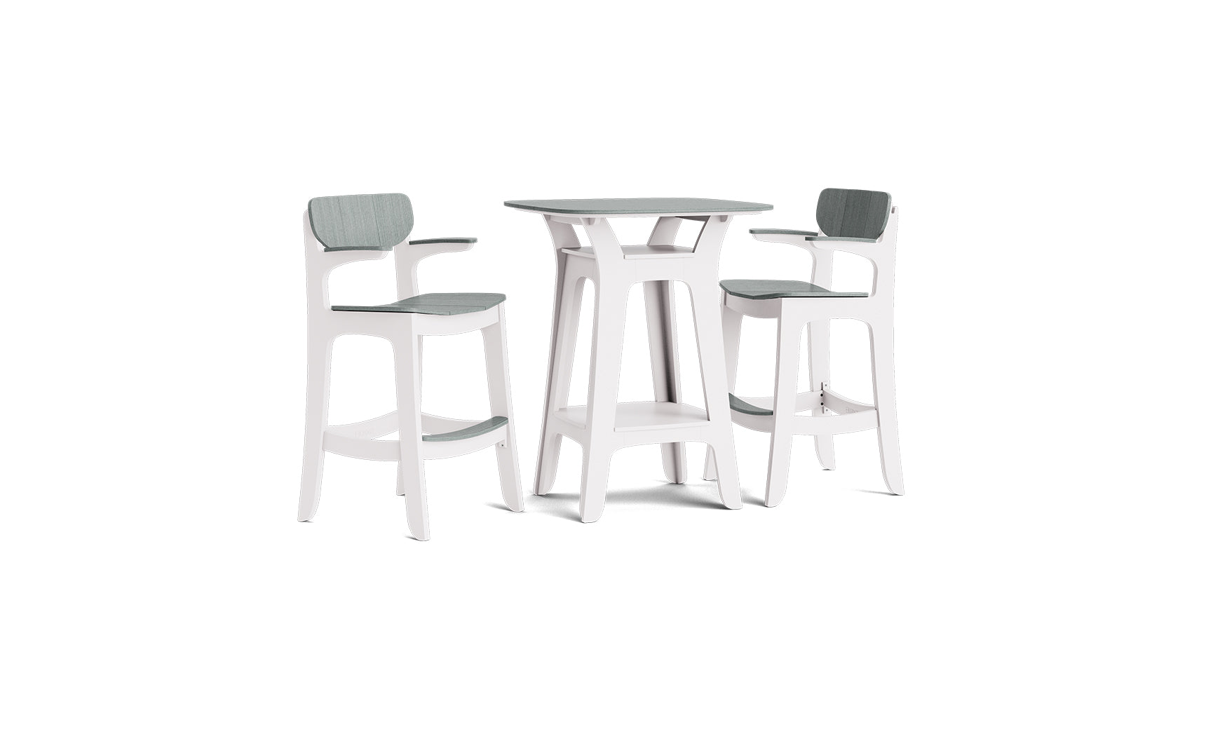 The Haven Hightop With Armchairs Set by Ledge Lounger features a modern white bar table with a round top and two stylish high armchairs with light gray cushions, highlighted by elegant architectural lines and sleek curved legs.