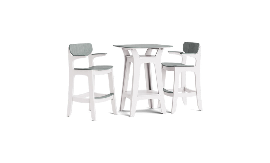 The Haven Hightop With Armchairs Set by Ledge Lounger features a modern white bar table with a round top and two stylish high armchairs with light gray cushions, highlighted by elegant architectural lines and sleek curved legs.