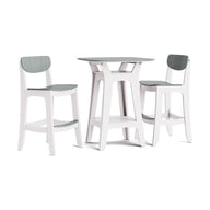 The Ledge Lounger Haven Hightop with Chairs Set features elegant architectural lines, a square table, and two high chairs. White frames and light gray cushioned seats emphasize comfort, all displayed on a white background.