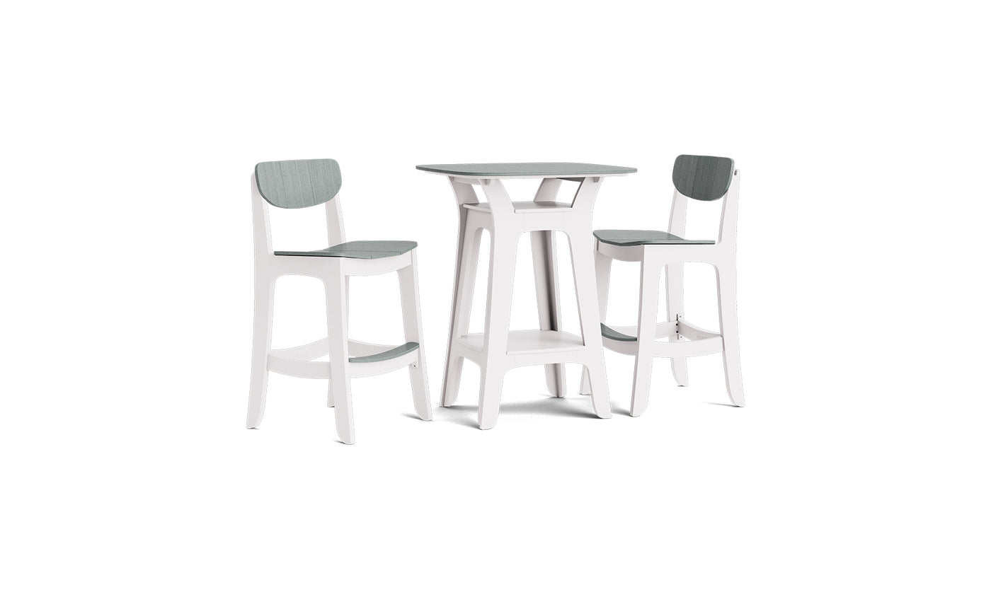 The Ledge Lounger Haven Hightop with Chairs Set features elegant architectural lines, a square table, and two high chairs. White frames and light gray cushioned seats emphasize comfort, all displayed on a white background.