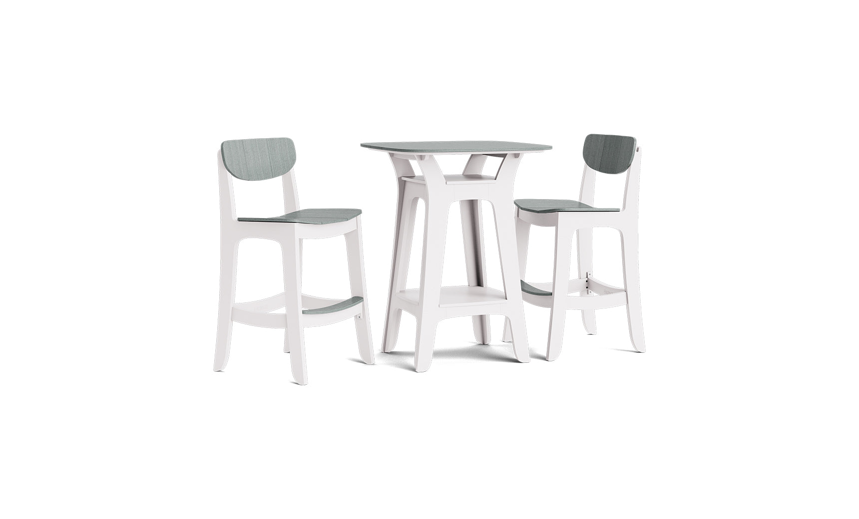The Ledge Lounger Haven Hightop with Chairs Set features elegant architectural lines, a square table, and two high chairs. White frames and light gray cushioned seats emphasize comfort, all displayed on a white background.