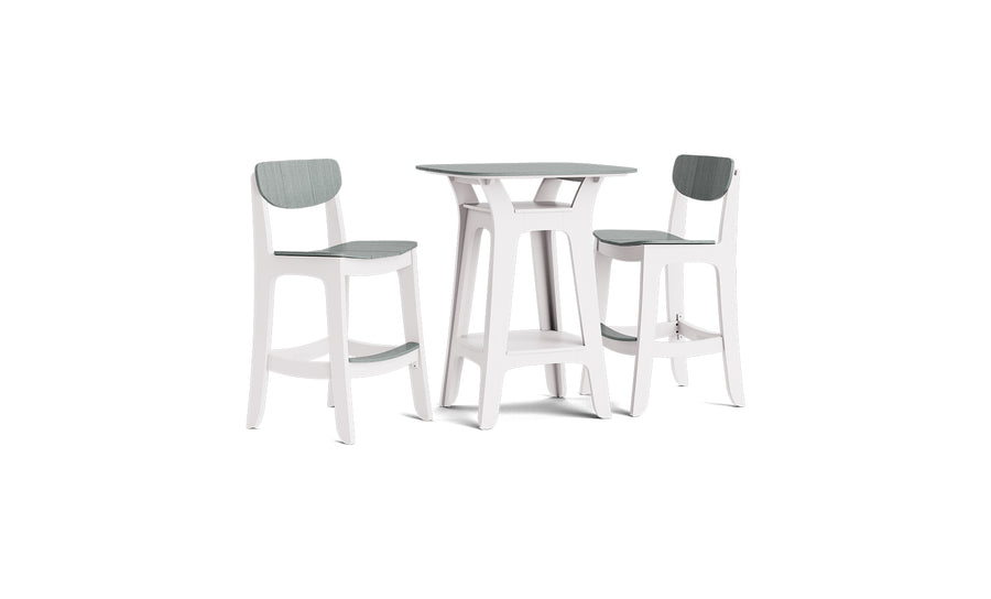 The Ledge Lounger Haven Hightop with Chairs Set features elegant architectural lines, a square table, and two high chairs. White frames and light gray cushioned seats emphasize comfort, all displayed on a white background.