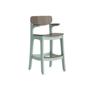 The Ledge Lounger Haven Hightop Armchair features light green legs, a curved wooden seat, and a matching backrest with arm supports—an ideal modern piece to enhance any outdoor space.