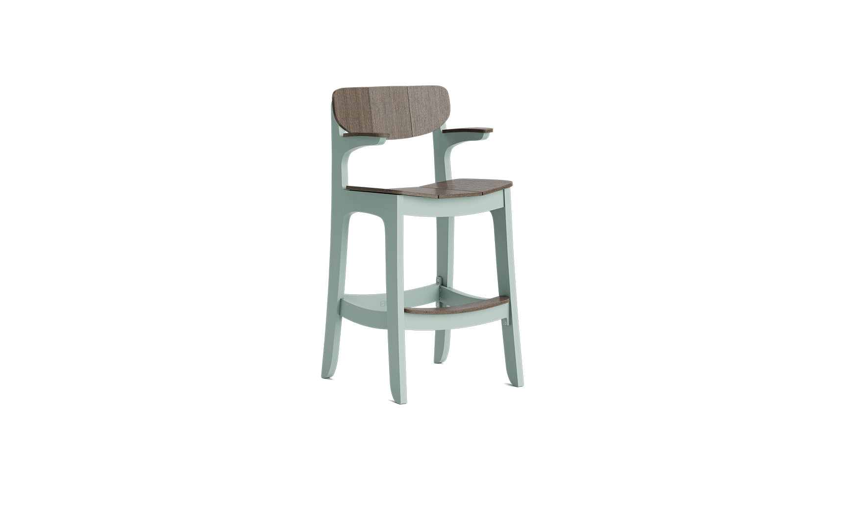 The Ledge Lounger Haven Hightop Armchair features light green legs, a curved wooden seat, and a matching backrest with arm supports—an ideal modern piece to enhance any outdoor space.