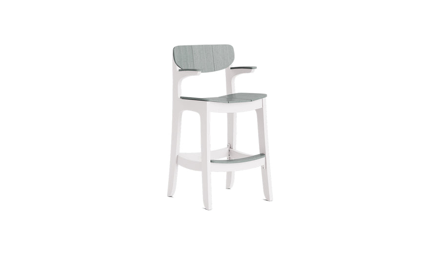 The Haven Hightop Armchair by Ledge Lounger features a white wooden frame, light grey upholstered seat and backrest, and a curved, modern design—ideal for stylish outdoor spaces. Displayed against a plain white background.