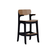 The Ledge Lounger Haven Hightop Armchair features a curved wooden seat and backrest, black legs and armrests, and a minimalist design, adding sleek style and convenience to any outdoor space.