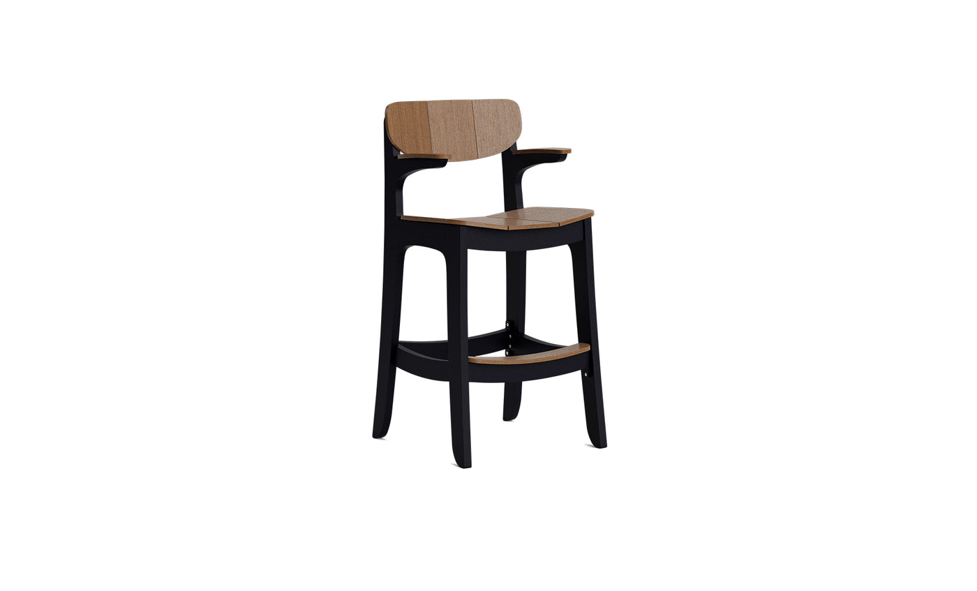 The Ledge Lounger Haven Hightop Armchair features a curved wooden seat and backrest, black legs and armrests, and a minimalist design, adding sleek style and convenience to any outdoor space.