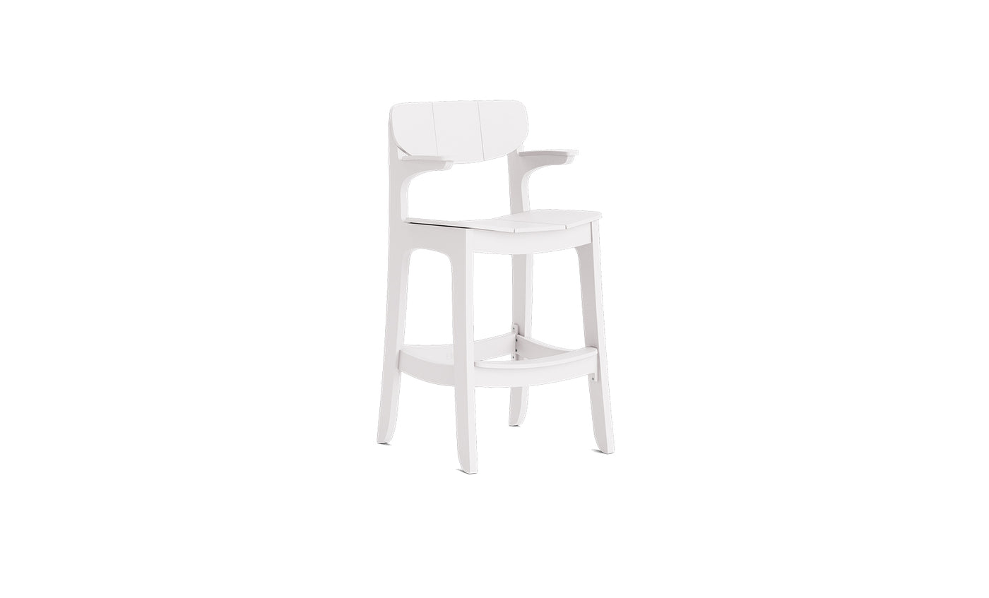 The Ledge Lounger Haven Hightop Armchair is a modern white outdoor bar chair with a curved backrest, armrests, and footrest—delivering comfort and style to your patio. Shown on a plain white background.