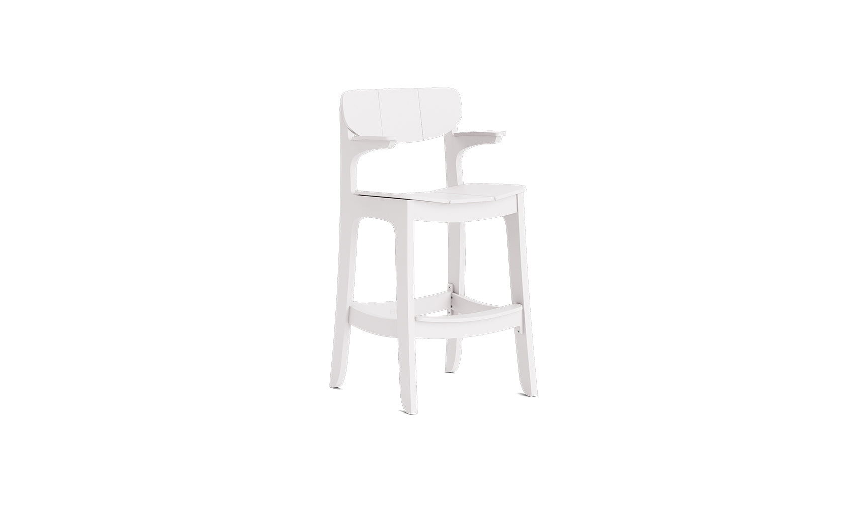 The Ledge Lounger Haven Hightop Armchair is a modern white outdoor bar chair with a curved backrest, armrests, and footrest—delivering comfort and style to your patio. Shown on a plain white background.