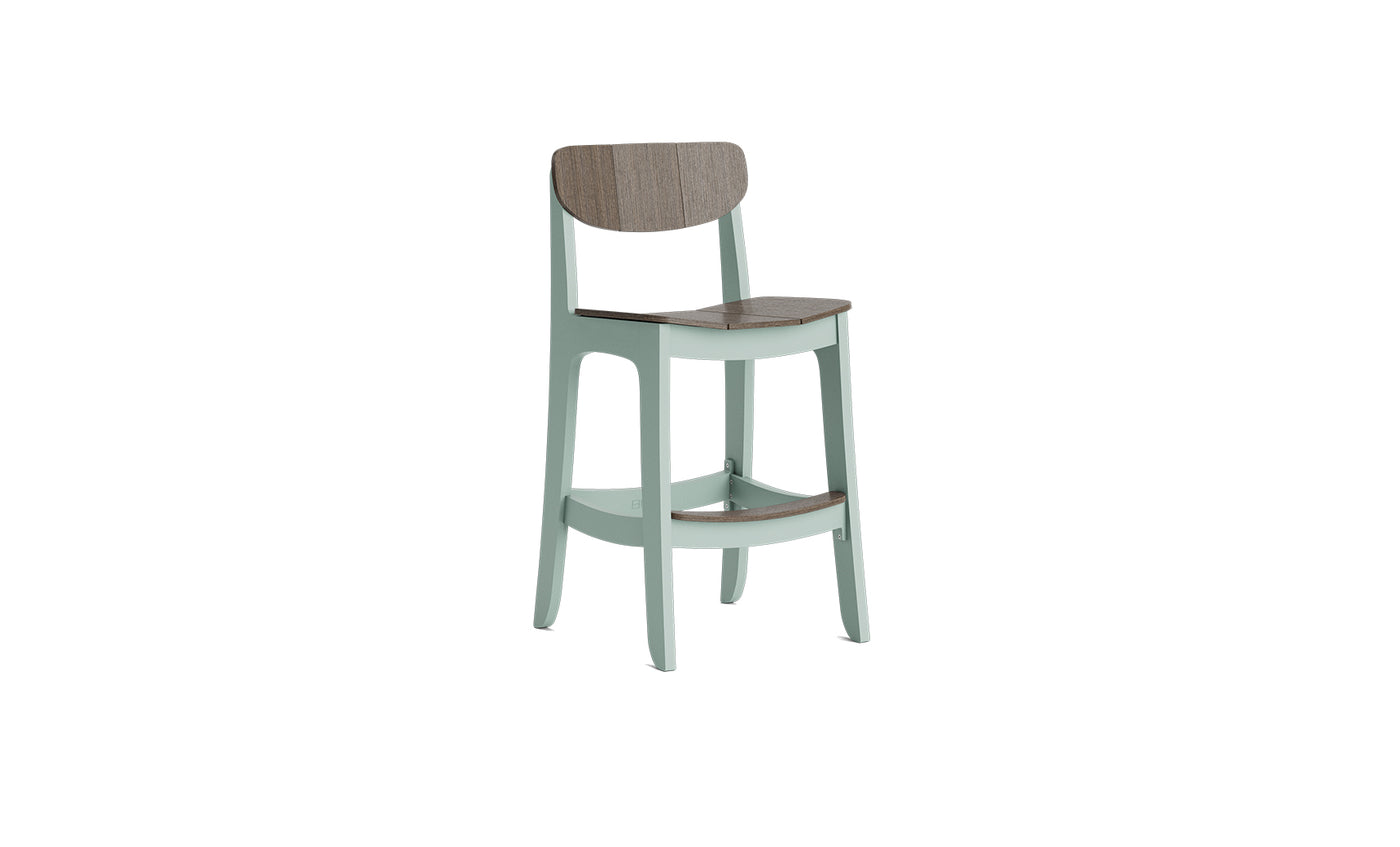 The Ledge Lounger Haven Hightop Chair features light green legs, a wooden seat and backrest, a sleek two-tone finish, clean lines, and a footrest—ideal for elevating any outdoor space.