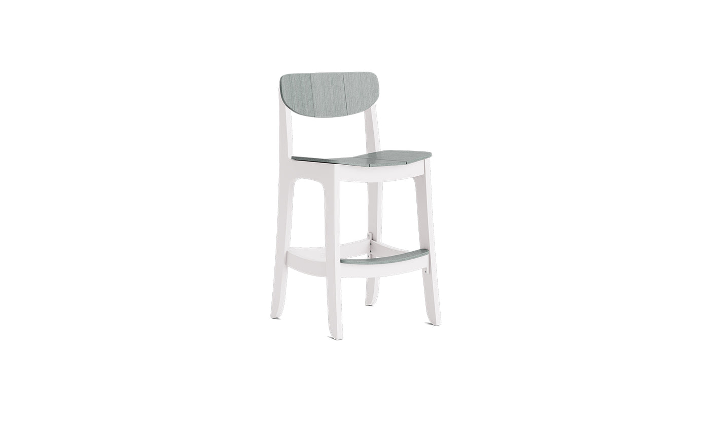 The Ledge Lounger Haven Hightop Chair features a modern white frame with a light gray cushioned seat and backrest, straight legs, and a curved footrest—ideal for upgrading any outdoor space. Shown on a plain white background.