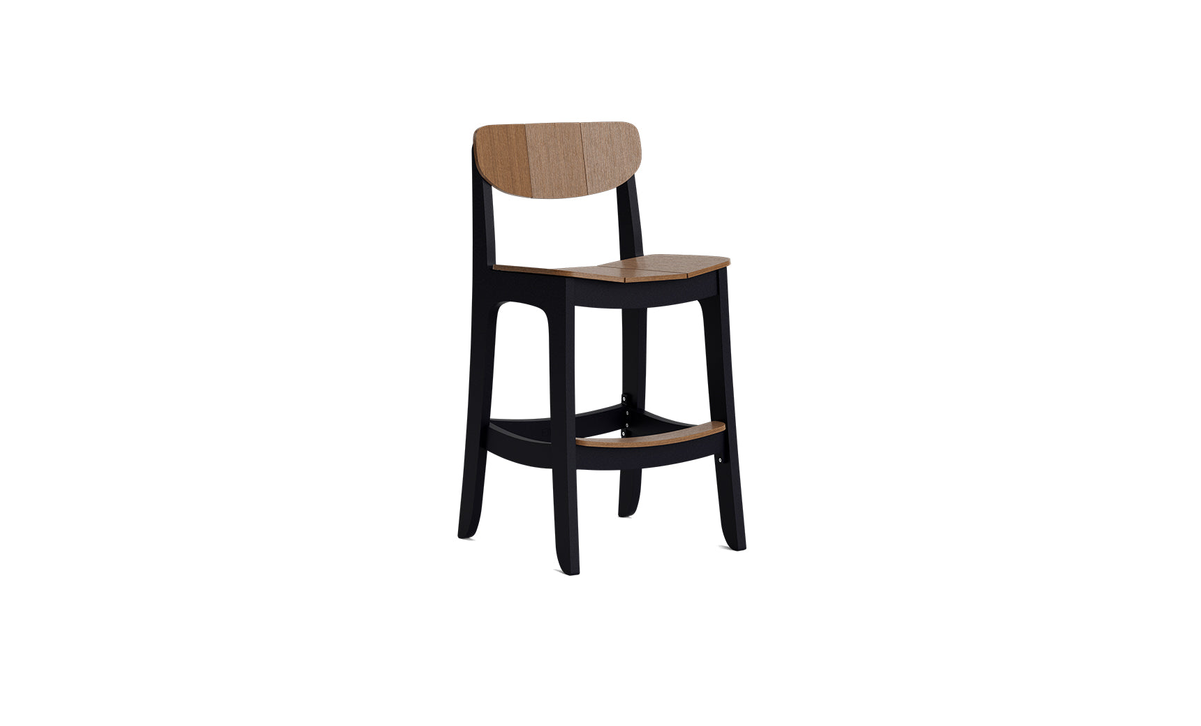The Haven Hightop Chair by Ledge Lounger features a two-tone finish, brown wooden seat and back, curved backrest, and sleek black legs—a stylish choice to elevate your indoor or outdoor space.