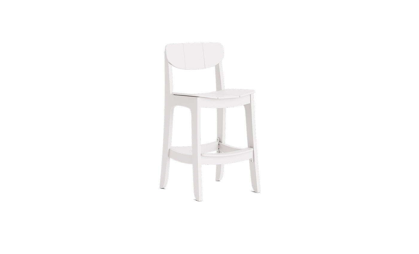 The Ledge Lounger Haven Hightop Chair is a modern white wooden bar stool with a curved backrest and footrest, showcasing a two-tone finish—ideal for enhancing your outdoor space. From the Haven Hightop Collection. Shown on a plain white background.