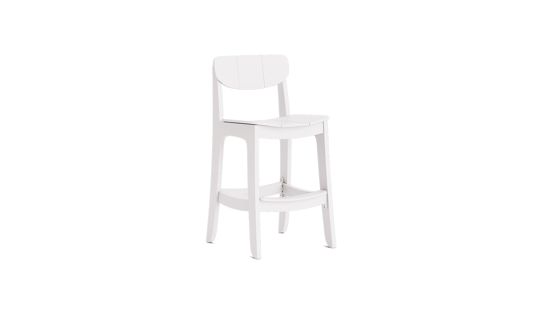 The Ledge Lounger Haven Hightop Chair is a modern white wooden bar stool with a curved backrest and footrest, showcasing a two-tone finish—ideal for enhancing your outdoor space. From the Haven Hightop Collection. Shown on a plain white background.