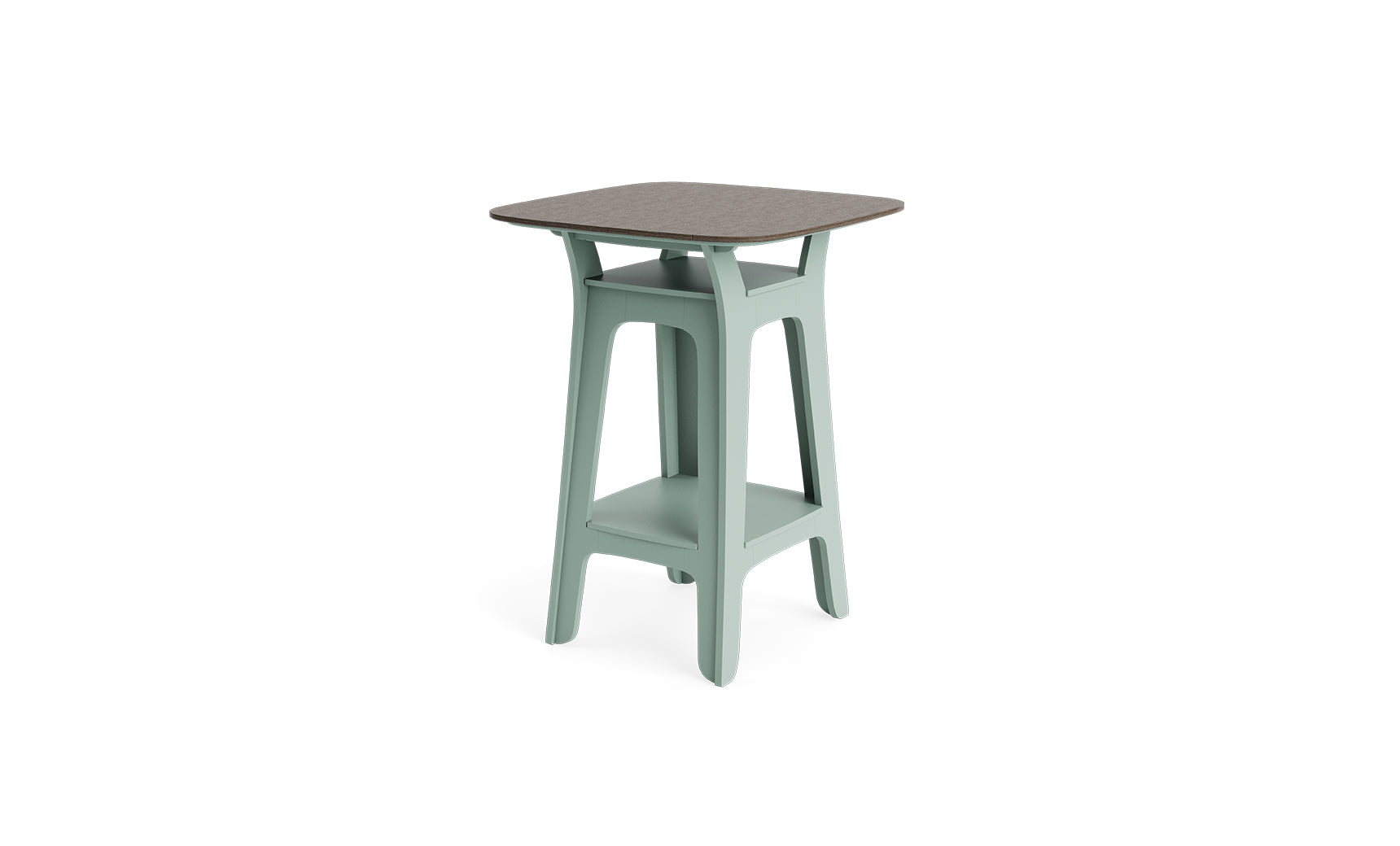 The Ledge Lounger Haven Hightop Table features a square grey tabletop, light green legs, a storage shelf, and a minimalist design—ideal for enhancing any outdoor space against a plain white background.