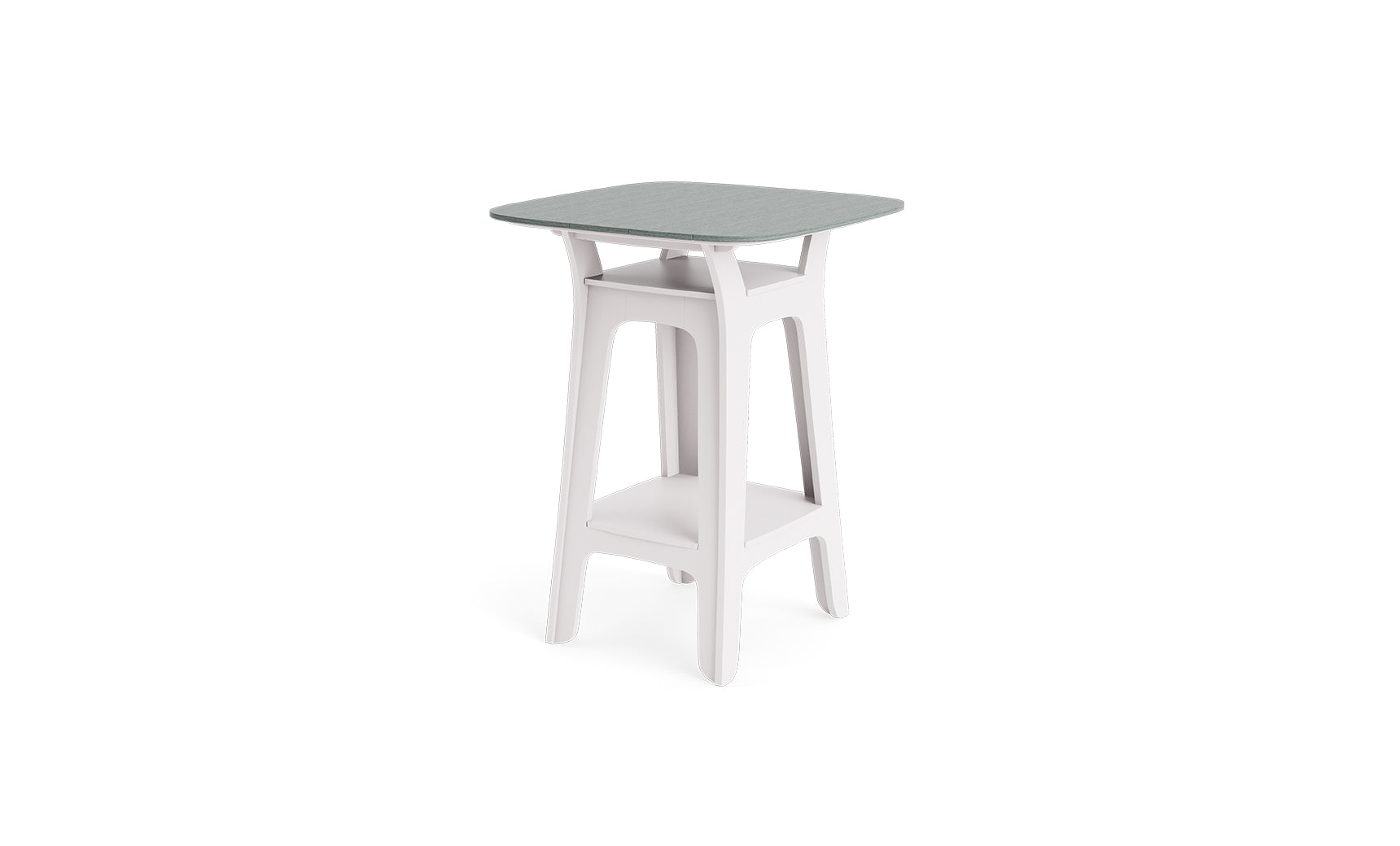 The Haven Hightop Table by Ledge Lounger features a modern, square light grey top, white angled legs, and a lower storage shelf. Its minimalist design brings contemporary style to any outdoor area.
