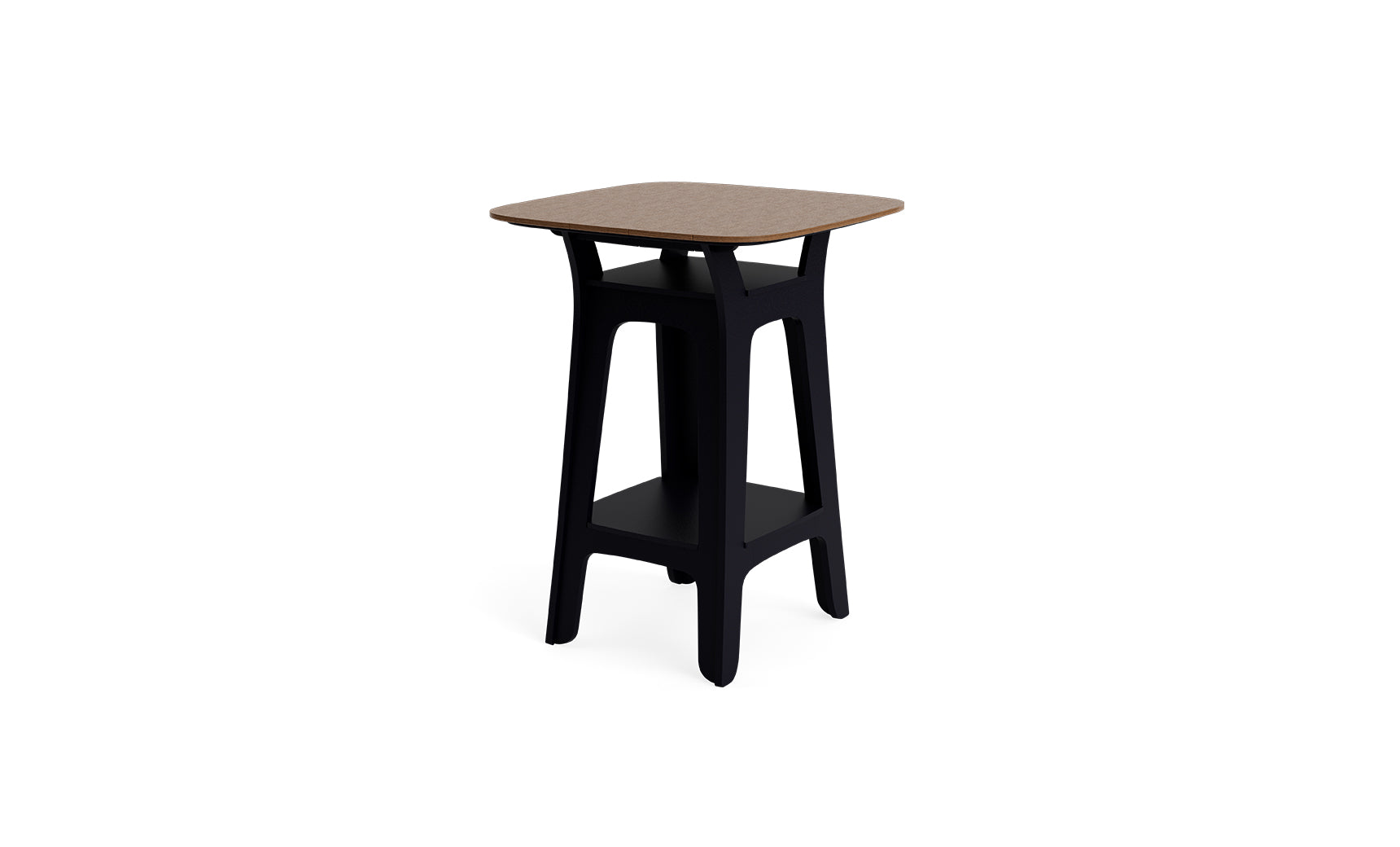 The Haven Hightop Table by Ledge Lounger features a square wooden top, black angled legs, and a lower storage shelf—a modern side table ideal for enhancing your outdoor space.