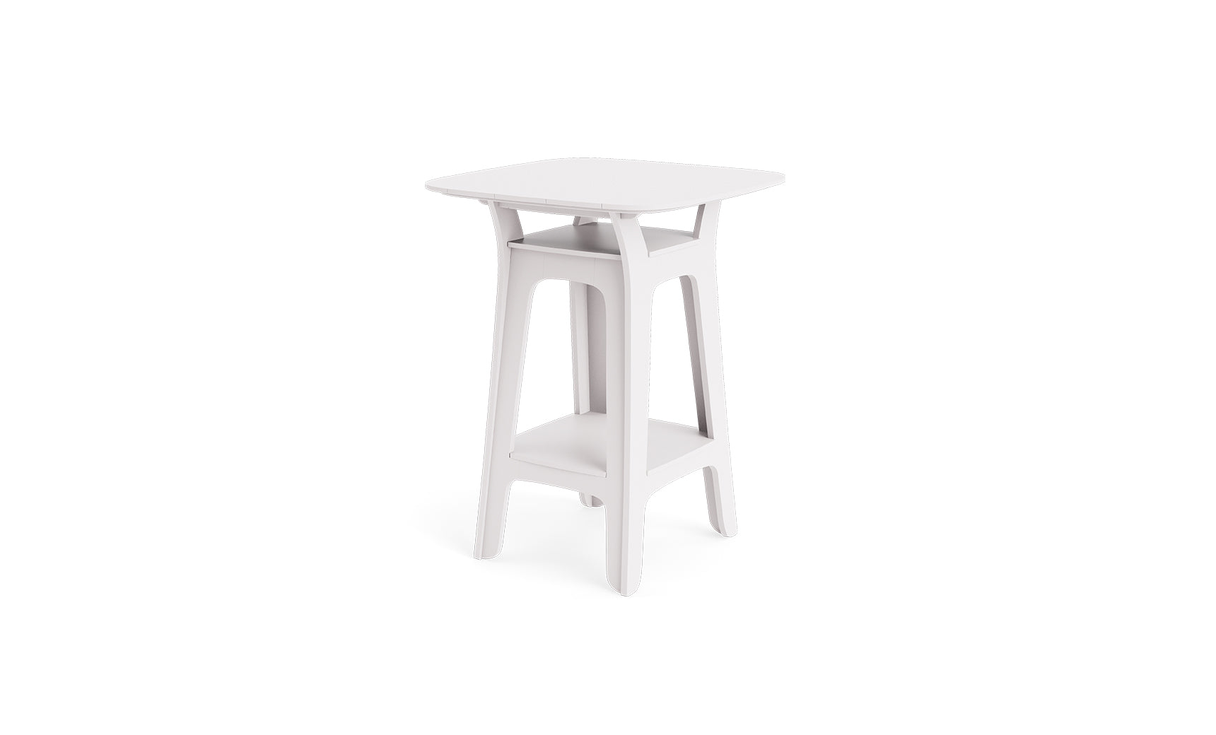 The Ledge Lounger Haven Hightop Table is a modern, small white side table with a square top, curved legs, and a lower storage shelf from the Haven Hightop Collection, shown against a plain white background.
