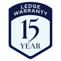 A badge-shaped icon with dark blue border and text reads Ledge Warranty 15 Year in bold, stylized lettering.