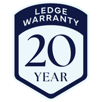 A blue and white shield-shaped badge displaying the text LEDGE WARRANTY 20 YEAR.