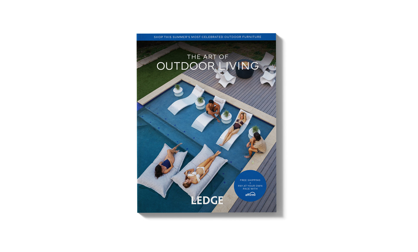 A cover from the 2026 Catalog by Ledge Lounger, titled “The Art of Outdoor Living,” features people relaxing on partially submerged lounge chairs and a pool deck, surrounded by modern outdoor furniture. The Ledge Lounger brand name is displayed at the bottom.
