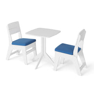 Introducing the Ledge Lounger New Combo: This stylish set features two white chairs with plush blue cushions paired with a sleek, small white square table, all beautifully presented on a pristine white background.