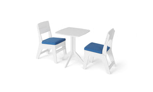Introducing the Ledge Lounger New Combo: This stylish set features two white chairs with plush blue cushions paired with a sleek, small white square table, all beautifully presented on a pristine white background.