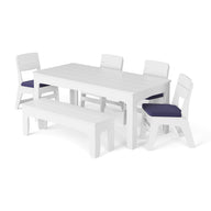 Introducing the Ledge Lounger New Combo: This stylish dining set includes a rectangular table, three chairs with rich dark blue seat cushions, and a matching bench, all beautifully showcased against a crisp white background.